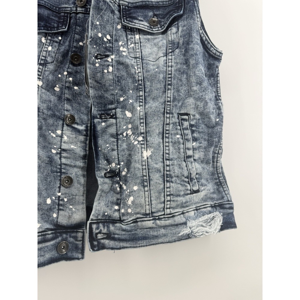 WT02 Men's M Denim Vest Acid Wash Paint Splatter Distressed Jean Jacket NWT - Picture 4 of 12